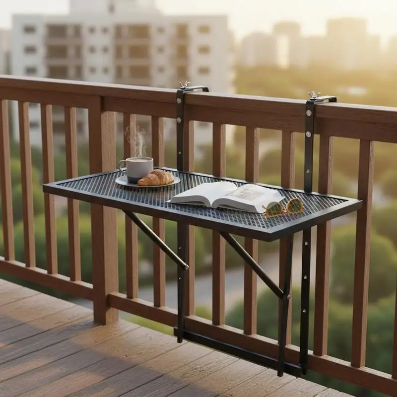 Table suspendue pour balcon 61x41 cm, pliable en métal, fixation sur balustrade, 5 niveaux réglables, gain de place, pour balustrade de 1 à 4,7 pouces, table bar/repas/lecture