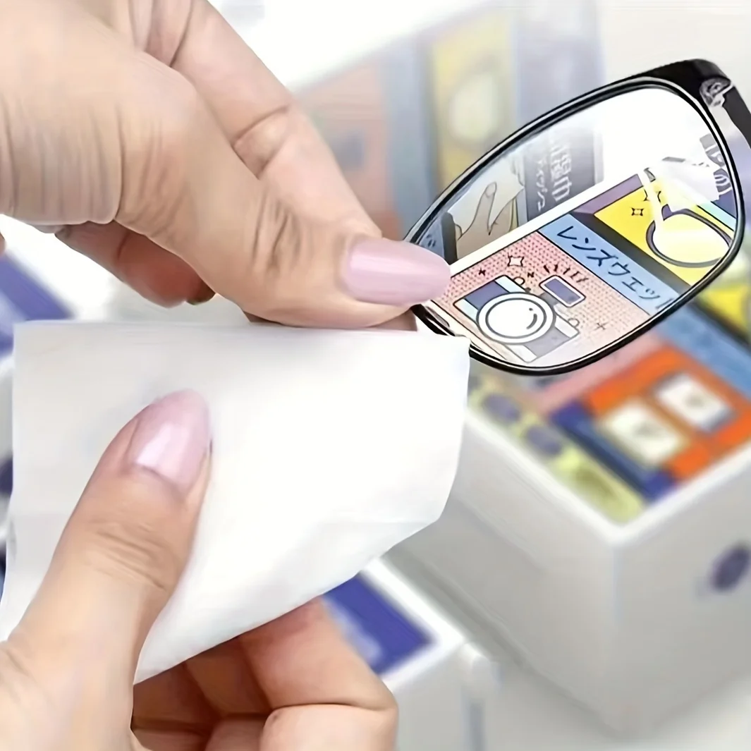 100Pcs/Box disposable anti fog glasses wipes, non marking glasses and screen cleaning, suitable for all lenses, phones, cameras