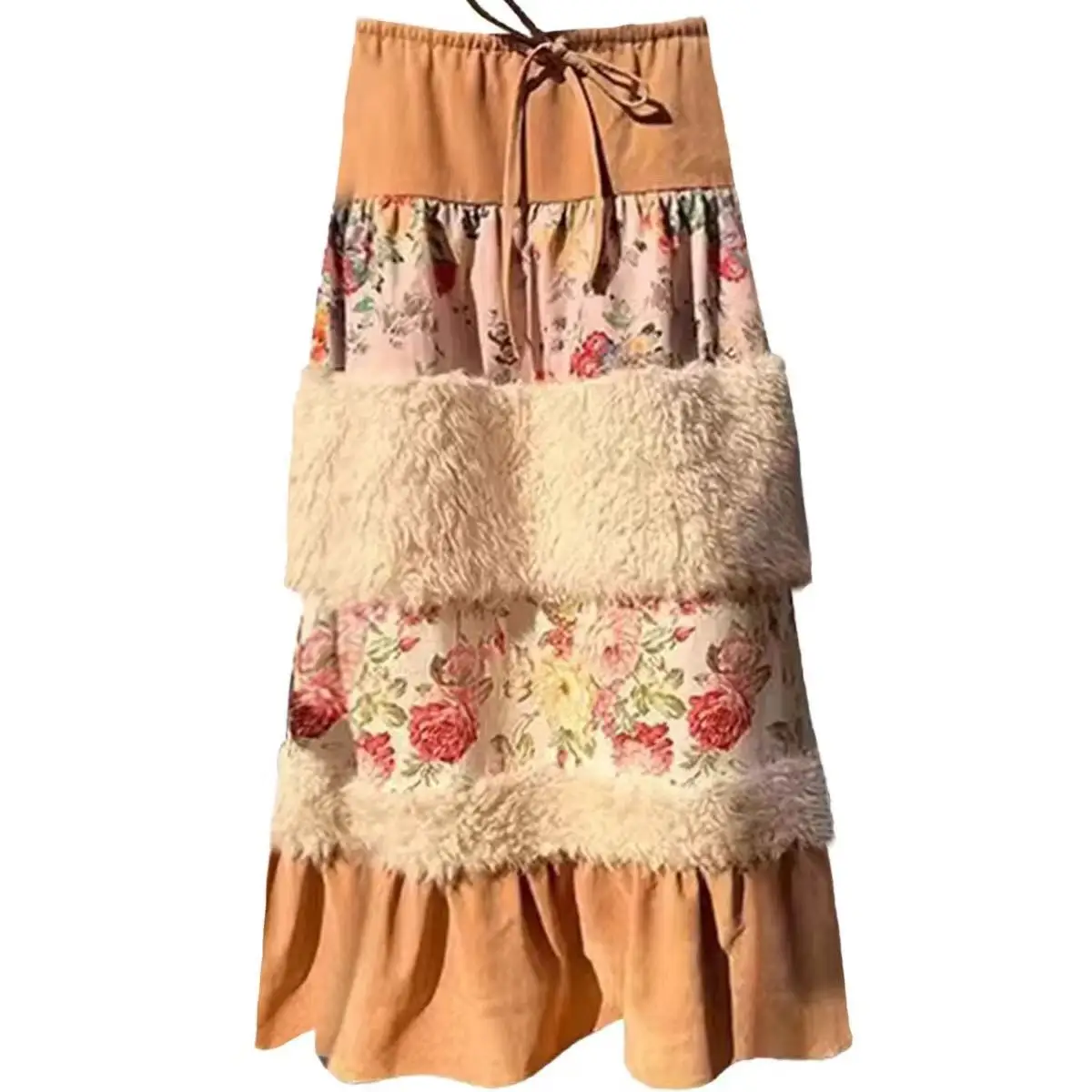 الجديد في شتاء خريف 2025 تنورة طويلة مرقعة من الفرو الصناعي بخصر منسدل للنساء تنانير كلاسيكية متوسطة الطول ملابس نسائية