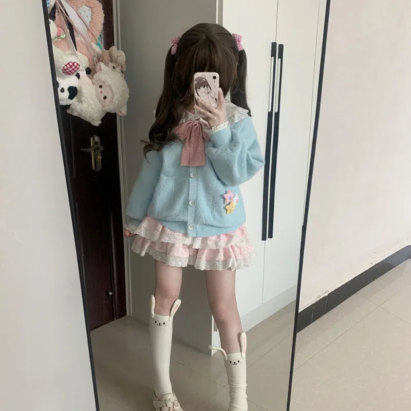 Manteau cardigan en tricot brodé à manches longues et chemise à col beurre pour étudiants, ensemble haut japonais mignon, Y2K, doux, hiver, automne