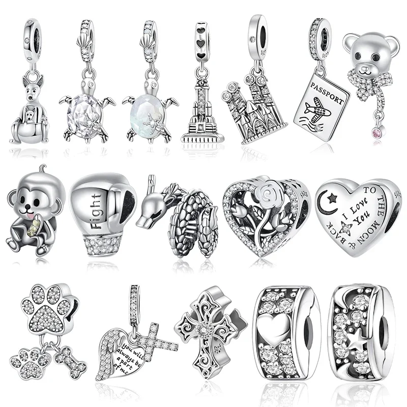 925 Sterling Silver Sea Turtle Loong Bear Cross Monkey Dangle Charms Fit Original Pandora Bracelet Beads DIY for Jewelry Making