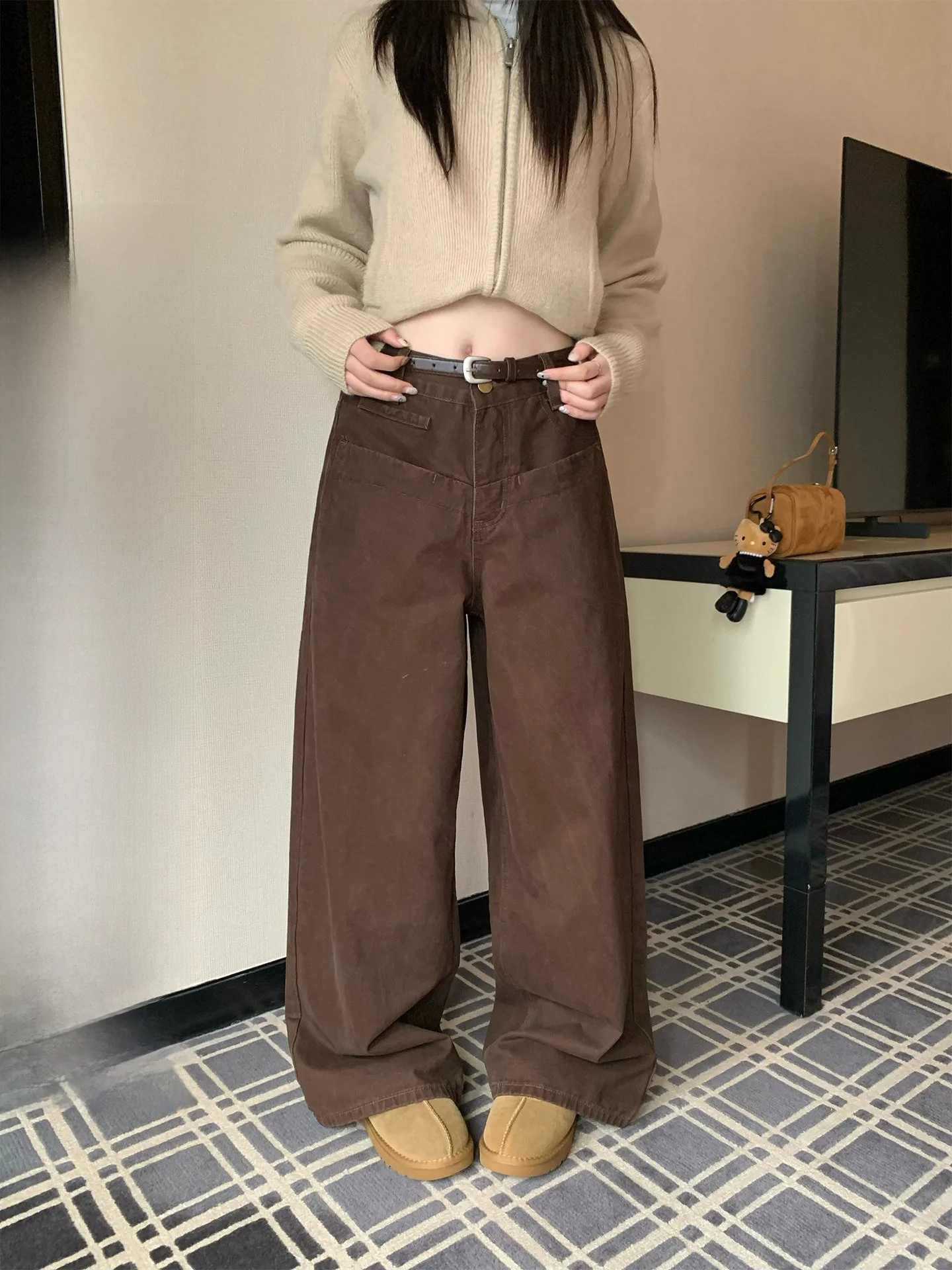 

Свободные повседневные брюки женские осенне-зимние в корейском стиле, кофейного цвета, прямые, в пол, утягивающие, широкие штанины