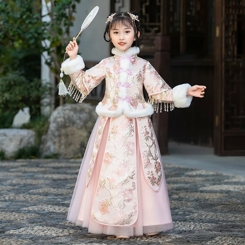 Costume Tang chinois en coton et lin pour filles, vêtements d'hiver rembourrés en coton avec broderie, pour le nouvel an, style Hanfu ancien