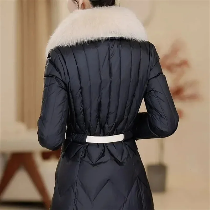 2024 Winter Female New Thickened Waist Down cotton Jacket Imitation Big Fox Fur Collar Medium Long Belt Flip Collar High end