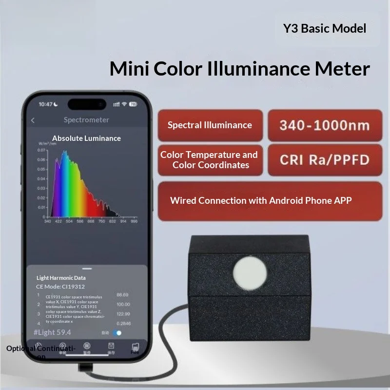 Portable Y3 Spectrometer with USB for Android/PC, 340-1000nm Measures PPFD & CRI, Plant Light Meter Compact Affordable Tool