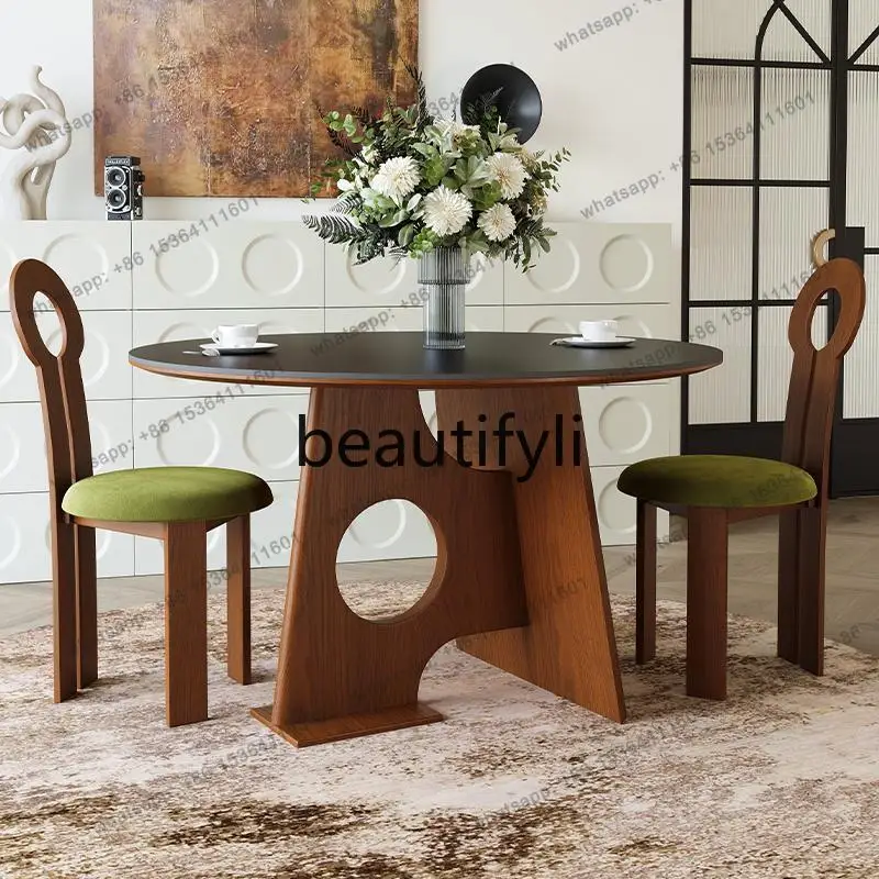 Medieval solid wood dining table French retro round table rock slab living room dining table light luxury