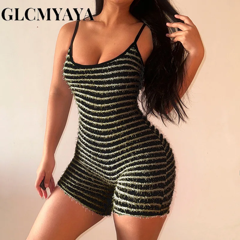 GLCMYAYA Women Streetwear Black White Striped Backless Slim Romper 2023 INS Summer Fashion Sleeveless Sexy High Waist Playsuits