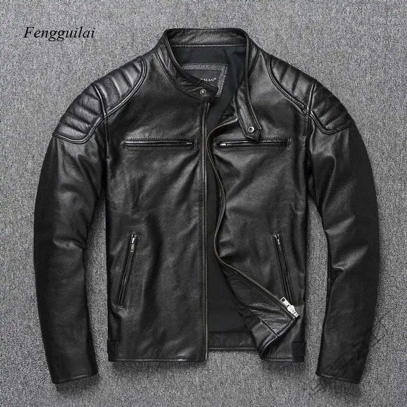 Retro Brown Stand Collar Motorcycle Coat, Genuine Cowhide with Quilted Shoulder Detailing, Multi-Zip Pockets
