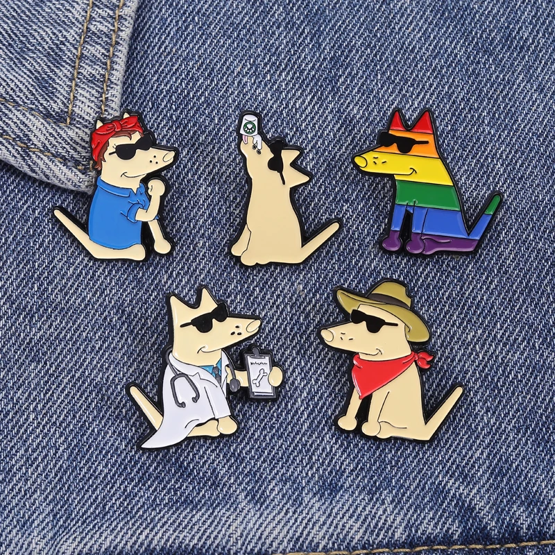 Funny Dog Cartoon Pins Sunglasses Doctor Retro Cowboy Rainbow Designs Cute Variety Collection for Bag Jacket Decoration