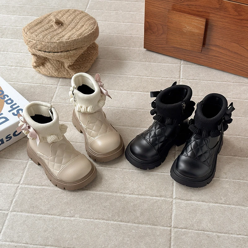Girls Princess Ankle Boots Children Fashion Leather Boots with Bow-knot Side Zipper Non-slip Kids Winter Short Boots Size 23-36