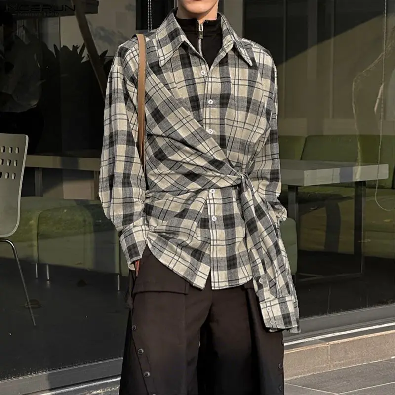 INCERUN Mannen Onregelmatige Shirts Plaid Revers Lange Mouw Lace Up Mannen Kleding Streetwear 2025, Koreaanse Stijl Losse Casual Mannelijke Shirts