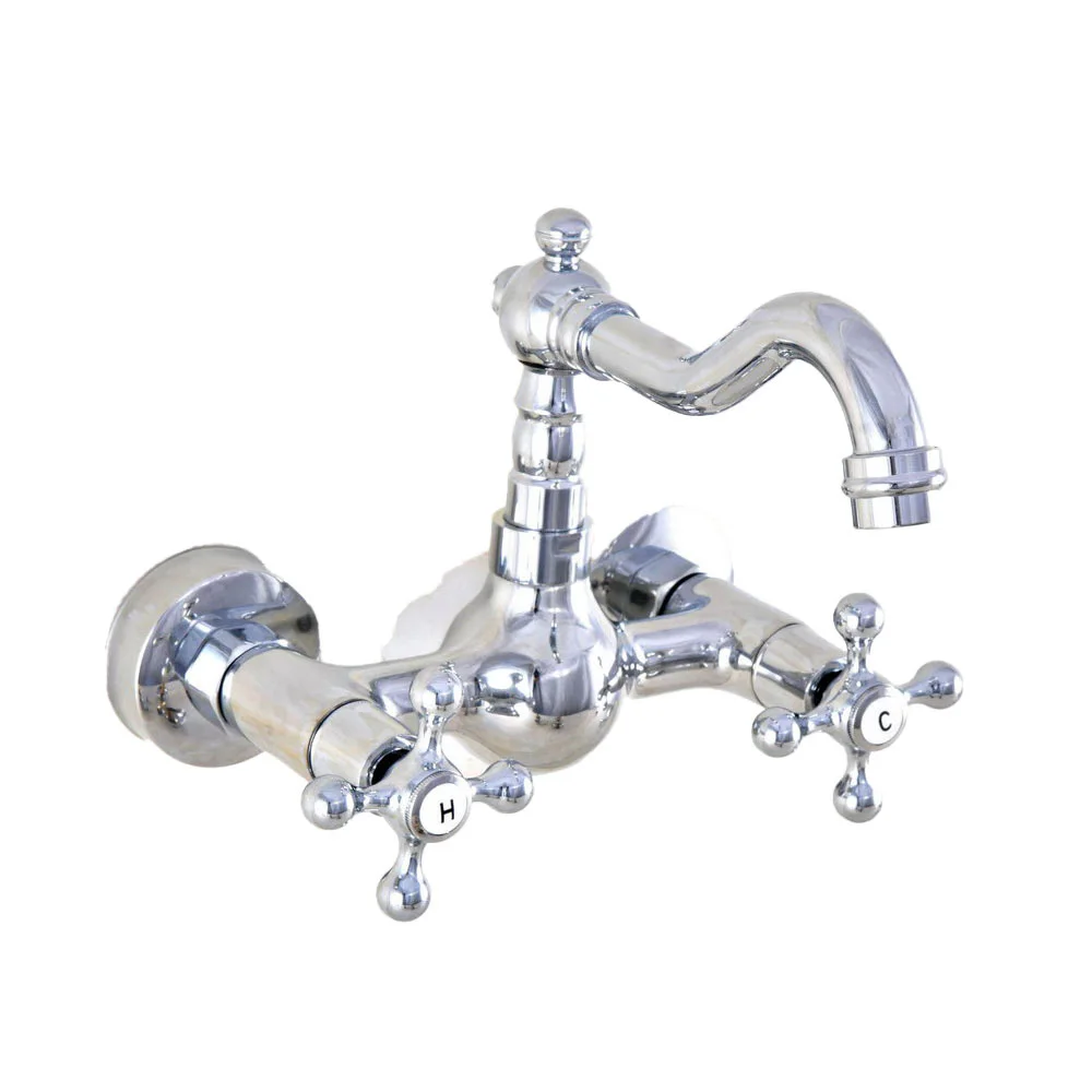 Polished Chrome Dual Cross Handles Wall Mounted Hot & Cold Bathroom Kitchen Basin Sink Swivel Faucet Mixer Tap znf577