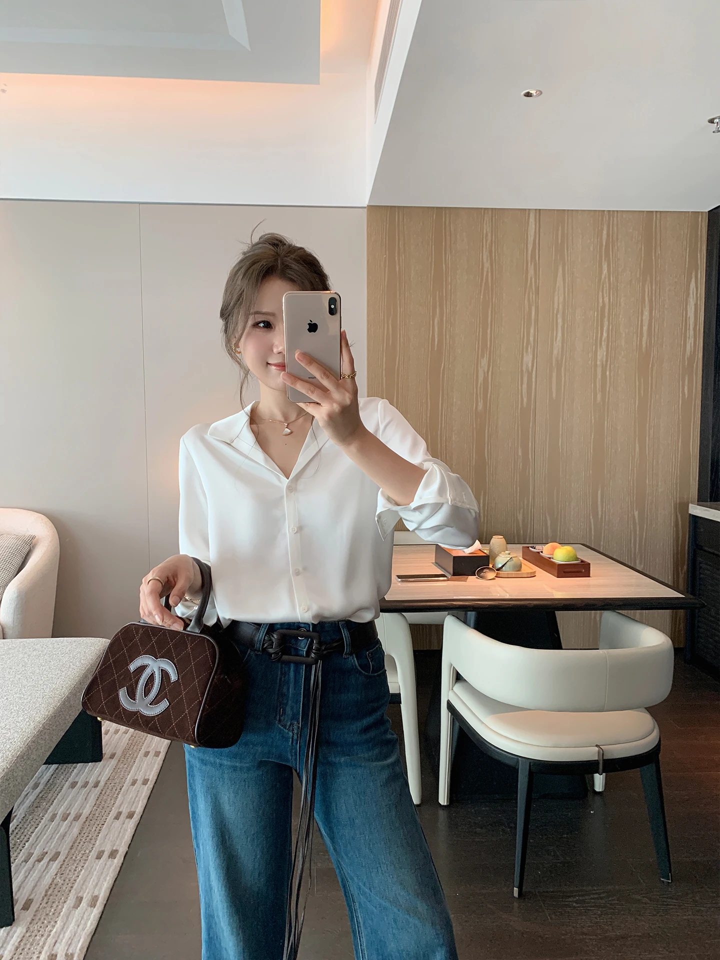 

Benxe Luixu Yanyuan Silk Feel Improved V Ne White Thin Long Sve Women's irt Commute Sle Свободный крой из полиэфирного волокна