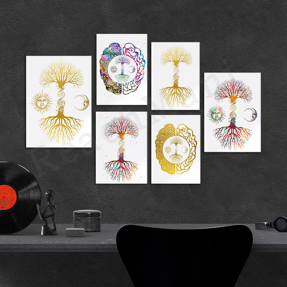 DNA tree science, biology chemistry, DNA tree of life and brain moon sun watercolor print poster medical wall decor gift
