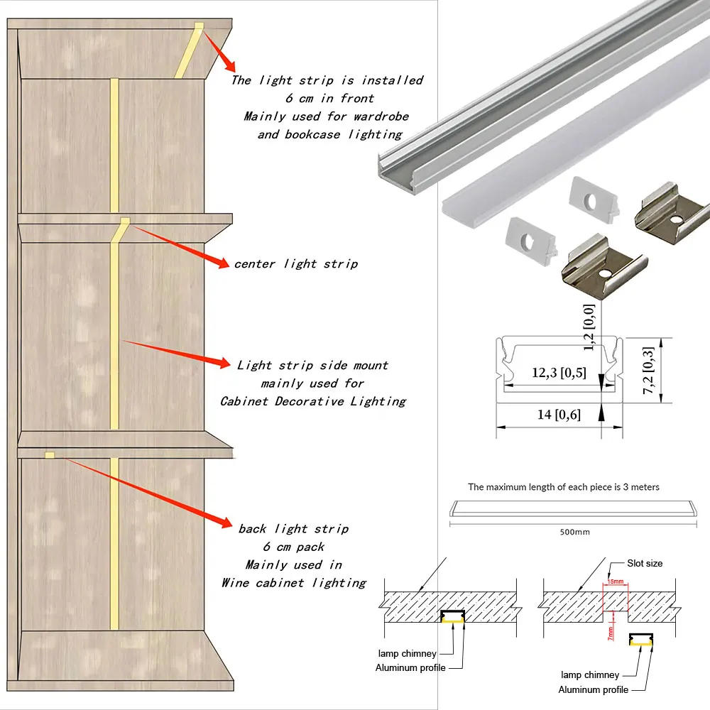 14x7mm 5 szt. 0,5M głównie wbudowana instalacja profil aluminiowy taśma LED odpowiednia do różnych mebli