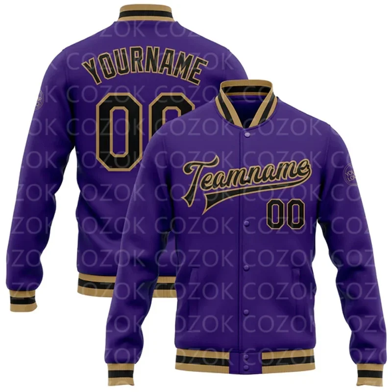 Custom Dark Purple Colour 3D Printed Baseball Button Jacket Bomber Full-Snap Varsity Letterman Jacket