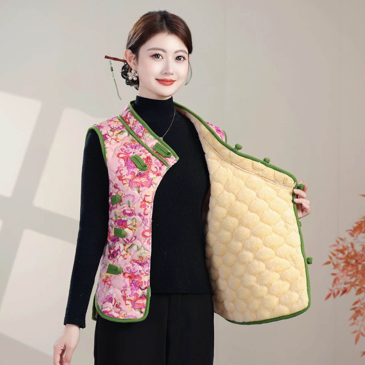 Lente Herfst Dames Jaet Vest Bovenkleding Verdikte polyestervezel, middelbare leeftijd en ly Kleding met bloemenpatroon