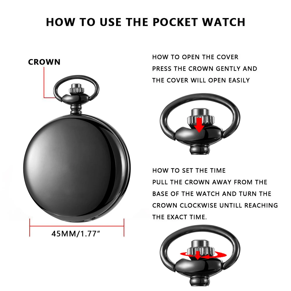 Smooth Steel Quartz Pocket Watch,Vintage Roman Number Dial Watch Christmas Birthday Graduation Gift Pocket Watch with Chain