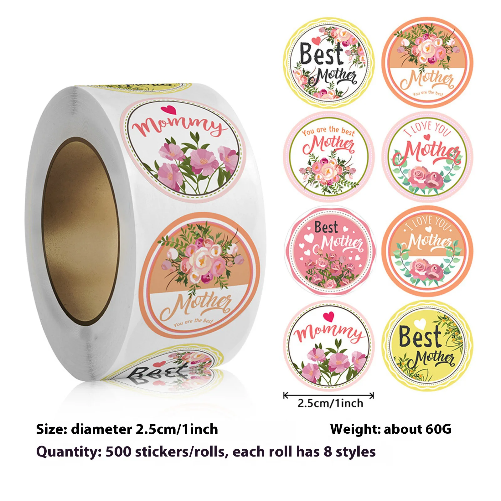 Mother's Day Present Tag 500 Count Self Adhesive Labels Holiday Sealing Stickers Roll Birthday Envelope Card Decor