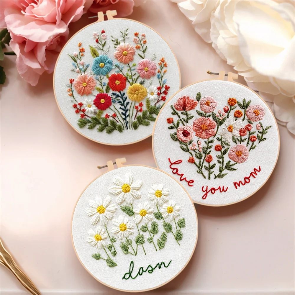 EverShine DIY Blumen-Stickerei mit Rahmen Gänseblümchen Handnähset Kreuzstich-Buchstabenstickerei Handarbeit Heimdekoration