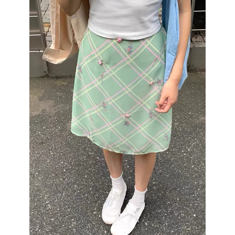Mint Wave Green Plaid Floral Half Skirt High Waist A-Line Casual Style Women's Skirt Polyester Fiber Summer 2025 Fashion