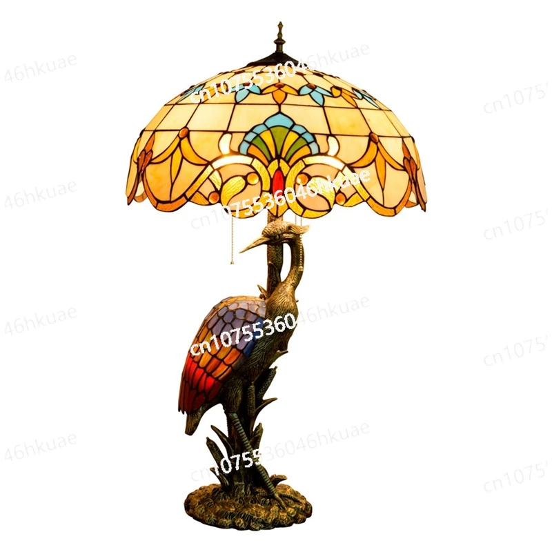 Tiffany Church Glass Table Lamp 50cm – European Baroque Retro Crane Art Decor Lamp for Living Room