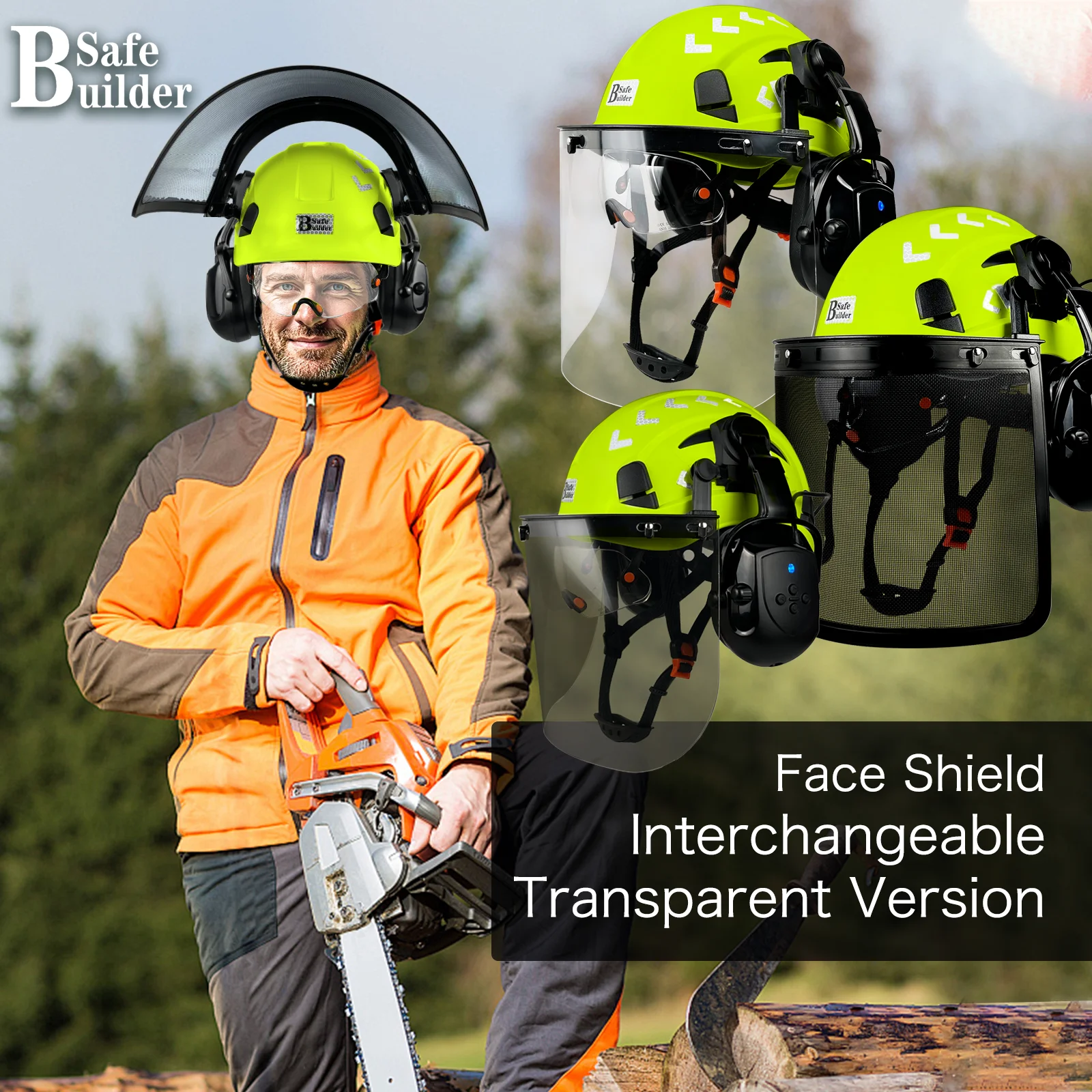 Forestry Chainsaw Tree Work Safety Helmet Vented Hard Hats w/Visor Bluetooth Ear Muffs Face Shield Outdoor Hardhats ANSI Z89.1