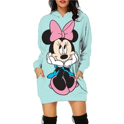 New Disney Series Mickey Mouse Minnie Hoodie Print Hooded Sweater Dress Casual Street Style Ladies Warm Sweater Dress