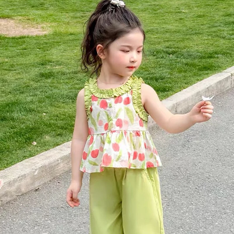 IYEAL  2026 Spring/Summer New Baby Girls' Set Tulip Flower Top+Stylish Casual Wide Leg Pants Set Two Piece Set