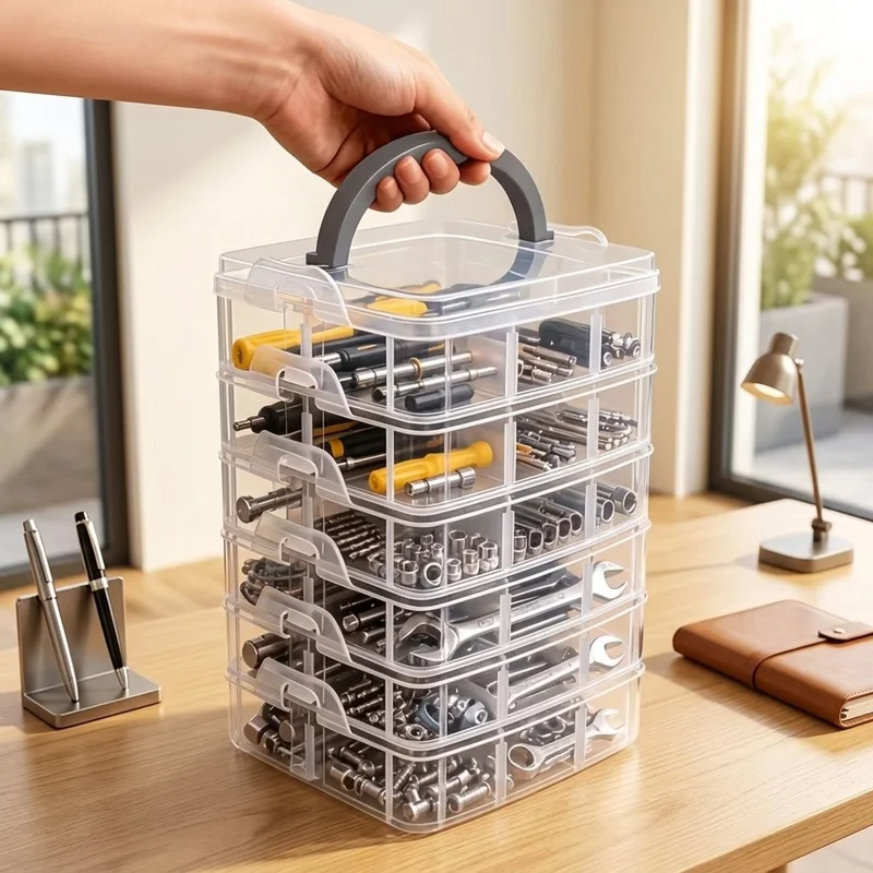 6-Tier Transparent Storage Box, Multi-Compartment Hardware Organizer for Screws Nails Nuts Bolts Tool Accessories