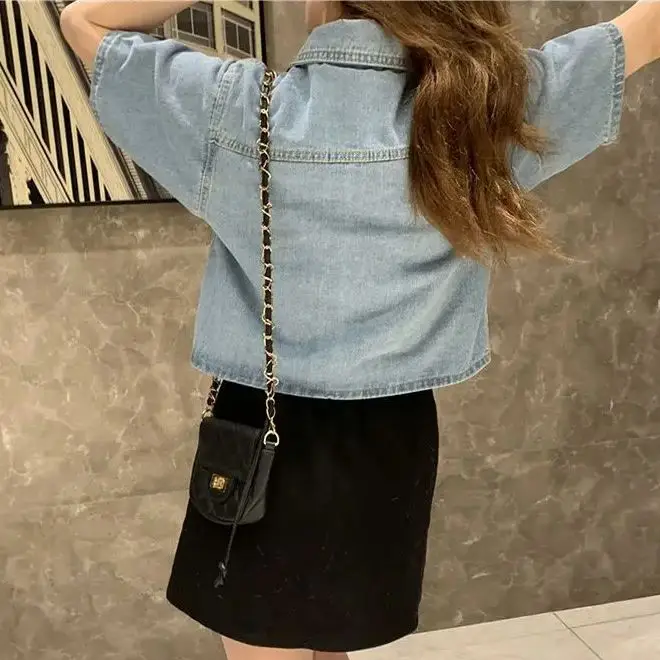 Korea Autumn Denim Shirt Women's Fashion Lace Patchwork Jean Tops Jacket Female Vintage Blue Elegant Blouses Ladies Trend Coats