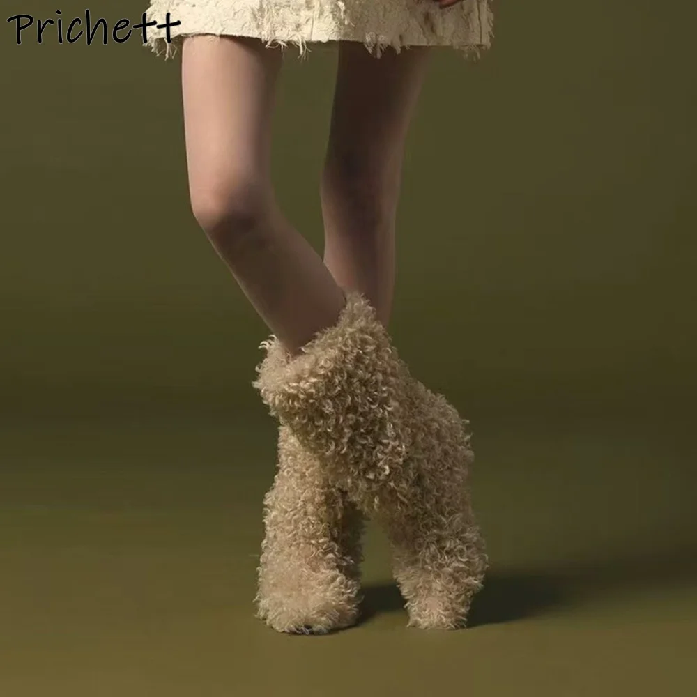 

Curly Plush Mid Calf Boots 2025 Fashion Furry Winter Solid Chunky Heels Shoes Slip On Fashion Warm Women's Trendy Snow Boots