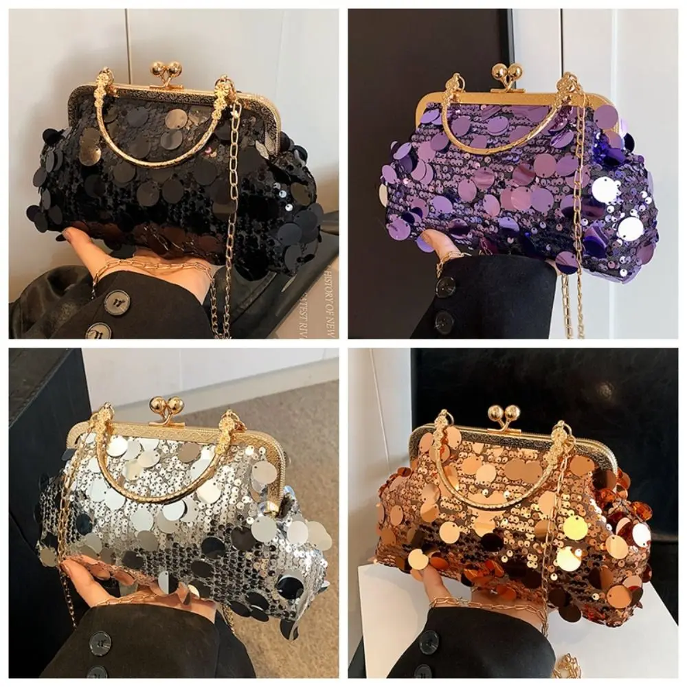 Elegant Shiny Evening Banquet Bag Glitter Lock Buckle Chain Crossbody Bag Korean Style with Round Handle Shell Bag Ladies