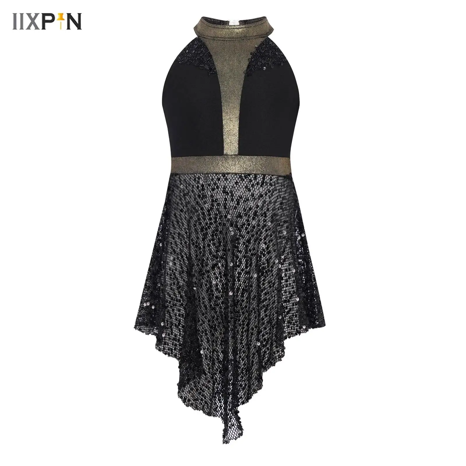 

Kids Girls Jazz Dance Top Shiny Sequins Sleeveless Hollow Out Mesh Irregular Hem Skirt Dress Ballet Lyrical Dance Tops Overalls