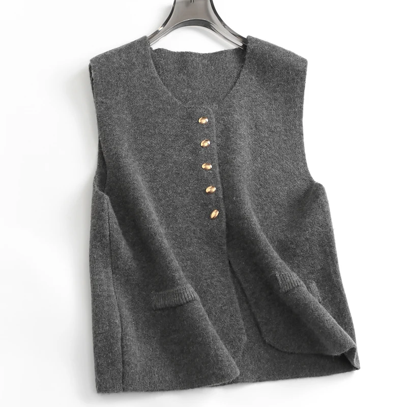 Otoño/Invierno suéter de punto mujer chaleco cárdigan Casual de un solo pecho sin mangas Top chaleco abrigos gris negro