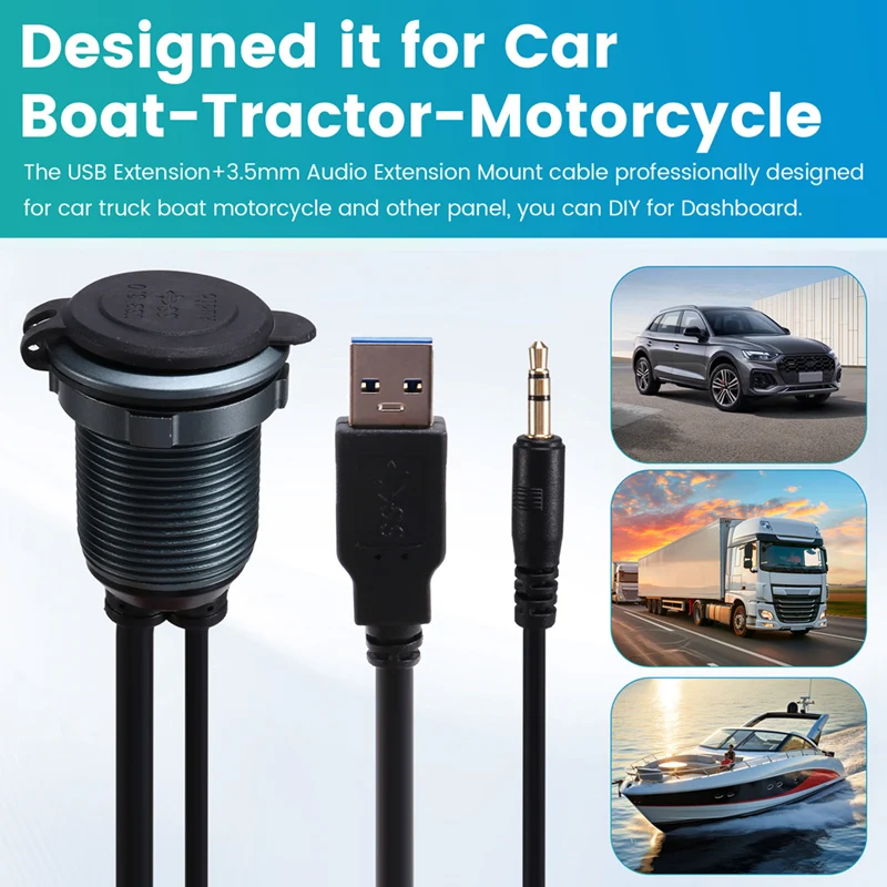 Dashboard USB 3.0+3.5Mm Jack Male To Female Extension Cable Flush Mount Panel Aluminum Alloy With Indicator Light