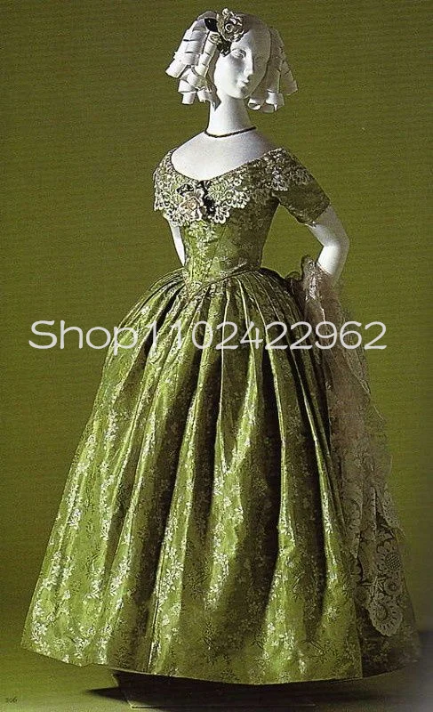 Fruit Green History Victorian Prom Dresses Vintage Lace Applique Short Sleeve Regency Period Bustle Evening Gown Robes