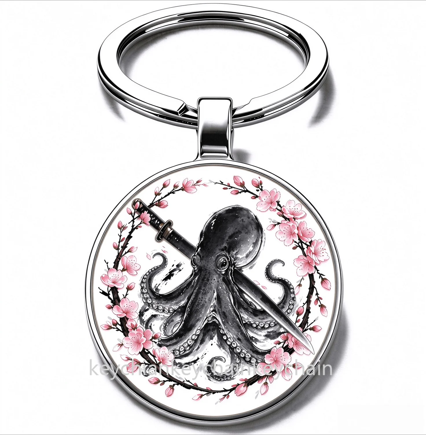 Japanese Octopus Cherry Blossom Katana Keychain Samurai Sword Sakura Wreath Key Ring Car Bag Pendant Men Gift