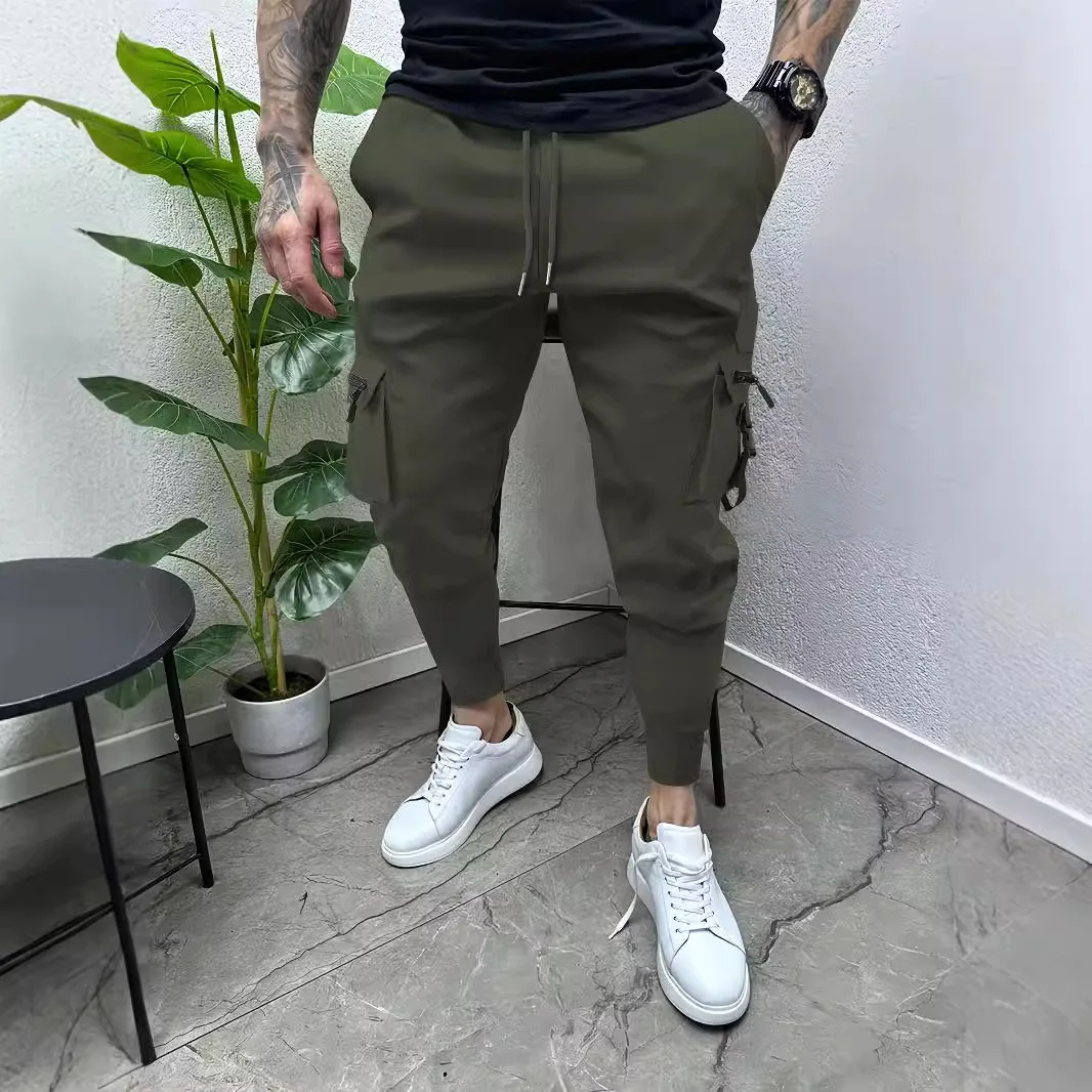 New men's zipper pocket drawstring cargo small foot pants fashion leisure outdoor sports spring and autumn pencil pants