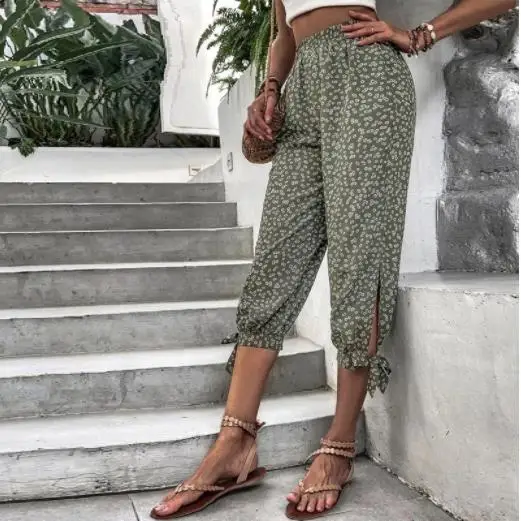 Women Casual Pants  Flower Printed Linen Womens Pants Beach Vintage Elastic Waist Summer Casual Loose Mid Calf Pants With Pocket