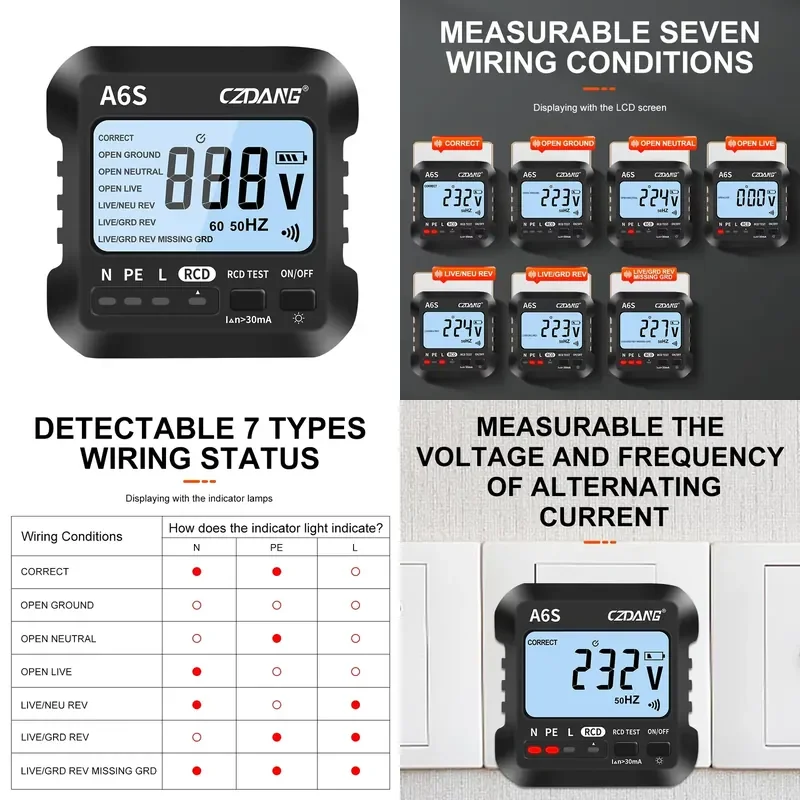 Detectable 7 Type Wiring Status Socket Plug Tester Detector With 2.2