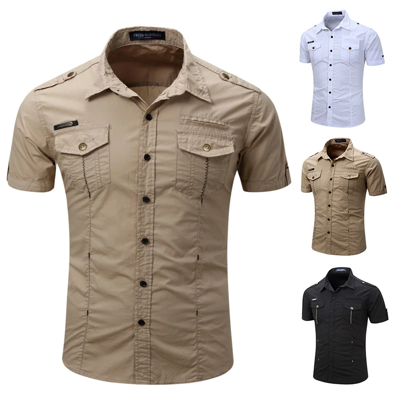 Plus Size 100% Cotton 2023 New Arrive Mens Cargo Shirt Men Casual Shirt Solid Short Sleeve Shirts Multi Pocket Work Shirt