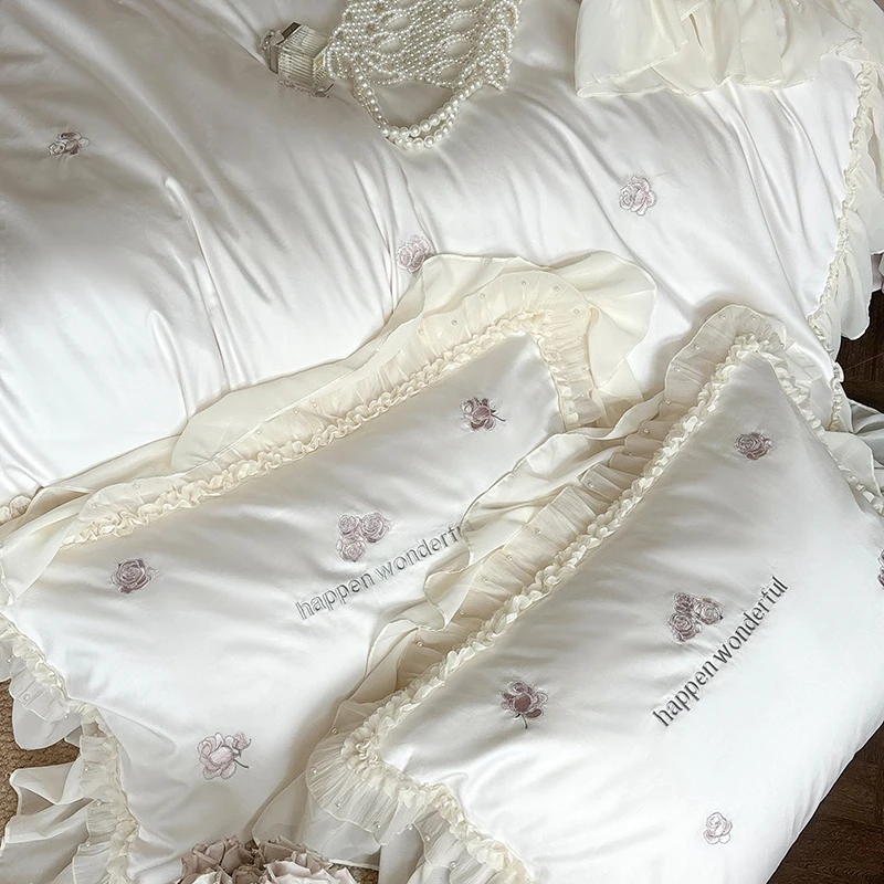 Vintage Rose Embroidery Lace Ruffles Princess Wedding Bedding Set Egyptian Cotton Duvet Coves Bed Sheet Fitted Sheet Pillowcases