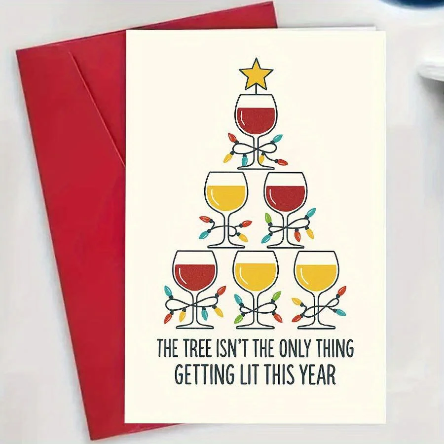 Funny Wine Cup Christmas Tree Card, Wine Theme Design - 