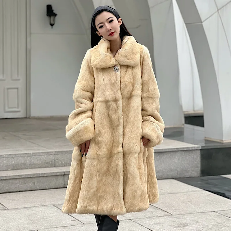 2024 New Whole Skin Fur Rabbit Hair Fashionable Contrast Lapel Young Medium And Fur Coat Lady Woman Winter