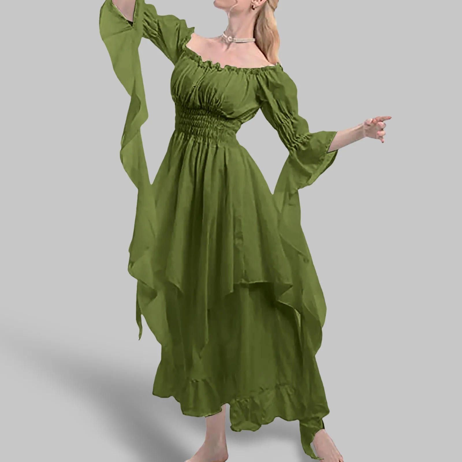 

Vintage Bell Sleeve Maxi Dress Elegant Gothic Princess Dress with Off Shoulder Design Irregular Layered Pleats for Renaissance