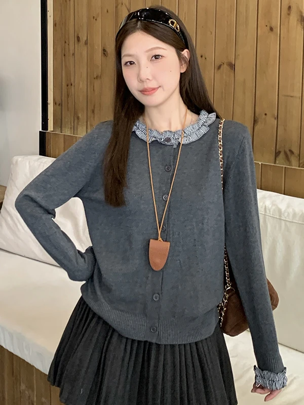 

Женский вязаный открытый кардиган больших размеров, осенний дизайн, клетчатые рюши, корейский свободный крой, длинный све, круглый Ne