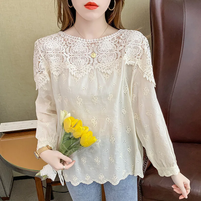 New Autumn Vintage Chic Lace Embroidery Sexy Hollow Long Sleeve Fashion Blouse Shirt Women Casual Simple Solid Loose Ladies Tops