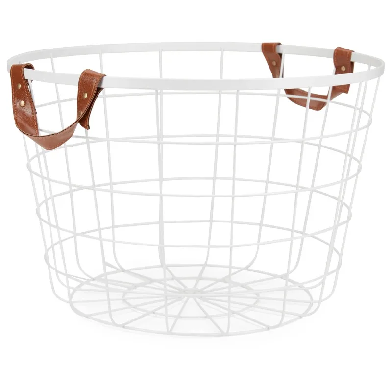 Large Round Wire Basket With Handles, White,Sturdy handles attached,Easy to use,Matches any décor,18