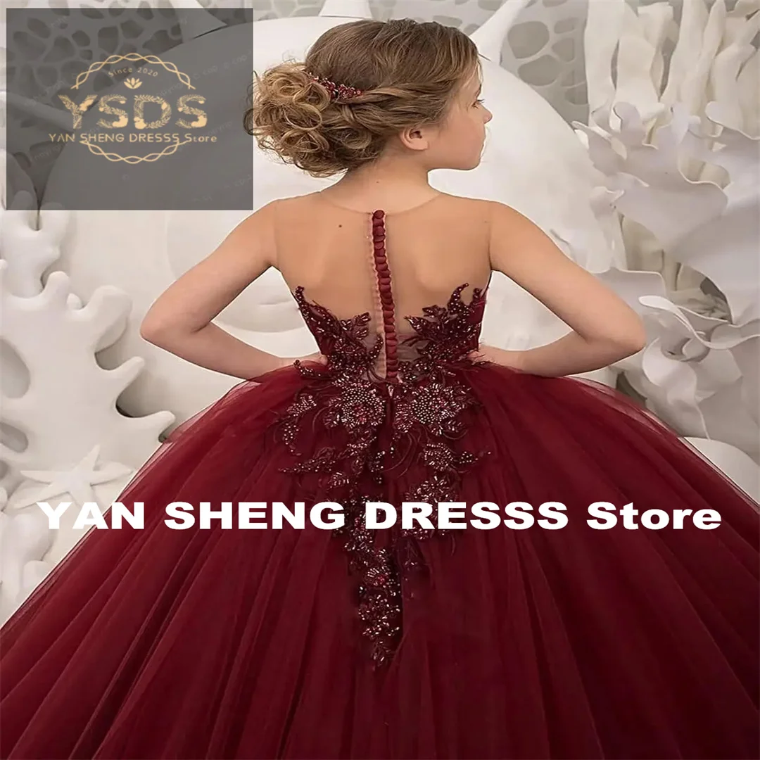 T ulleดอกไม้สาวชุดลูกไม้A Ppliquesยาวอย่างเป็นทางการเจ้าหญิงแต่งงานประกวดบอลชุดสําหรับเด็ก